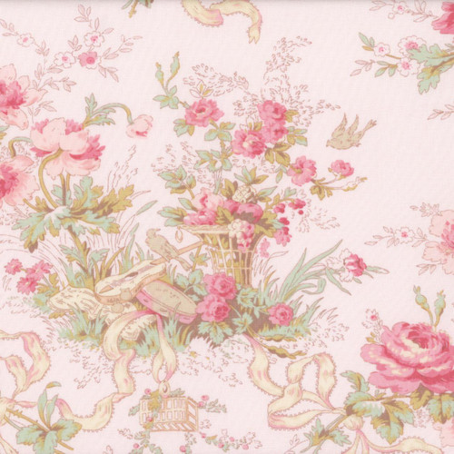Clothworks Fabrics Charlotte Pink on Pink French Ribbon Roses Cottage Floral, detailed image of pink floral fabric with ribbon and bird pattern.