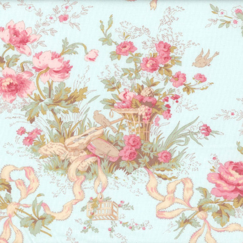 Clothworks Fabrics Charlotte Aqua Blue Pink French Ribbon Roses Cottage Floral