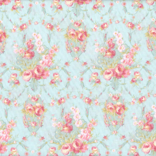 Clothworks Fabrics Charlotte Aqua Blue Pink Sconce Roses Damask, floral pattern with pink roses and green leaves on aqua blue background.