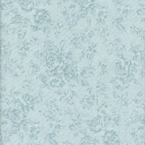 Clothworks Fabrics Charlotte Sage Aqua Blue Tonal Roses Linen Texture, light blue fabric with a subtle tonal rose pattern and linen texture.