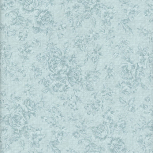 Clothworks Fabrics Charlotte Sage Aqua Blue Tonal Roses Linen Texture