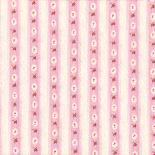 Clothworks Fabrics Charlotte Pink Cream Rosebud Ribbon Stripe, fabric with pink and cream vertical stripes featuring small white floral motifs and pink rosebuds.