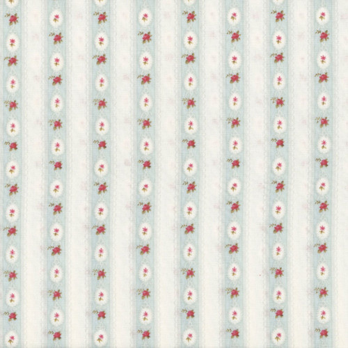 Clothworks Fabrics Charlotte Aqua Blue Cream Pink Rosebud Ribbon Stripe
