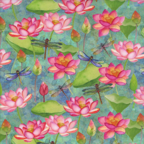 Clothworks Fabrics Lily Pond by Sue Zipkin Green Blue Dragonfly Lotus Flower