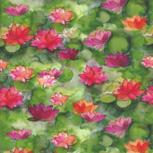 Clothworks Fabrics Lily Pond by Sue Zipkin Red Green Lotus Water Lilies