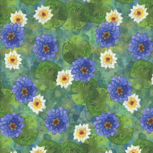 Clothworks Fabrics Lily Pond by Sue Zipkin Blue Mixed Lilies