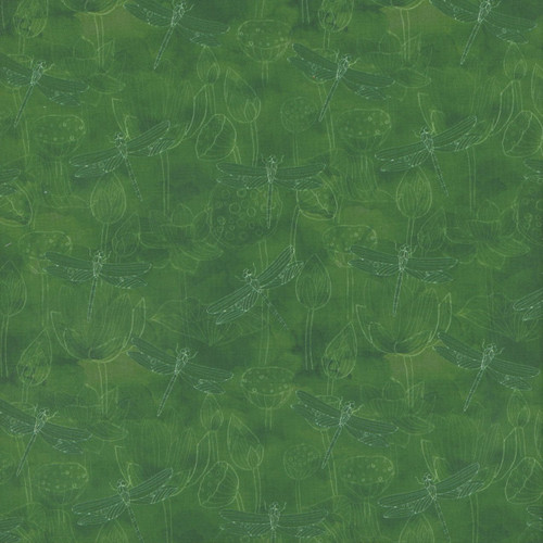 Clothworks Fabrics Lily Pond by Sue Zipkin Green Outline Tonal Dragonfly