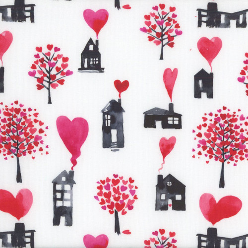Clothworks Fabrics Love Matters by Claudia Bianchi White Pink Love Houses