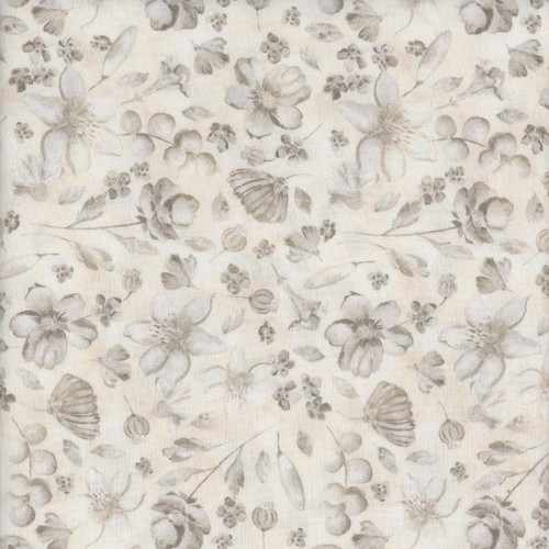 Clothworks Fabrics Night Whispers Taupe Cream Floral, a fabric with a taupe and cream floral pattern featuring various flowers and butterflies.