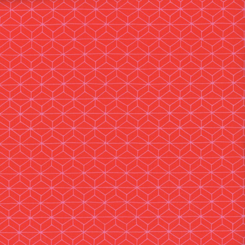 Windham Fabrics Shayla Wolf Of Sassafras Lane Designs Foundation 2 Red Conundrum, a vibrant red fabric with a subtle geometric pattern of interconnected hexagons in a lighter shade of pink.