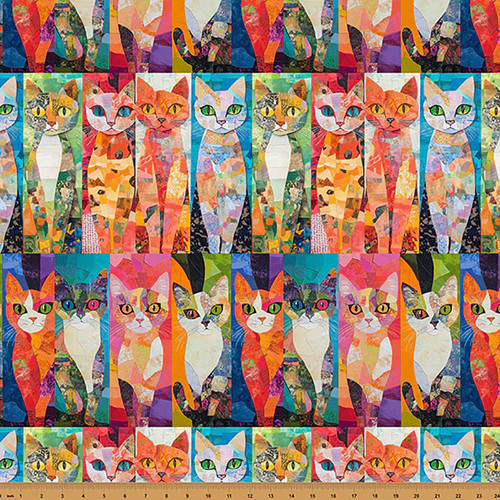 Hoffman Fabrics Crafty Cats Radiant Orange Blue Green Cat Mosaic