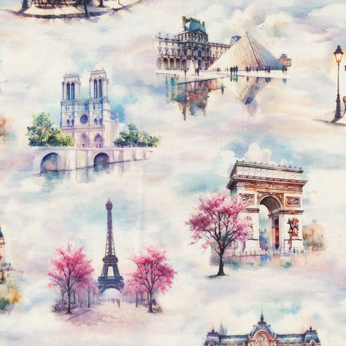 Hoffman Fabrics Bonjour Belle Paris Lilac Blue Paris Icons Notre Dame Les Invalides Arc de Triomphe