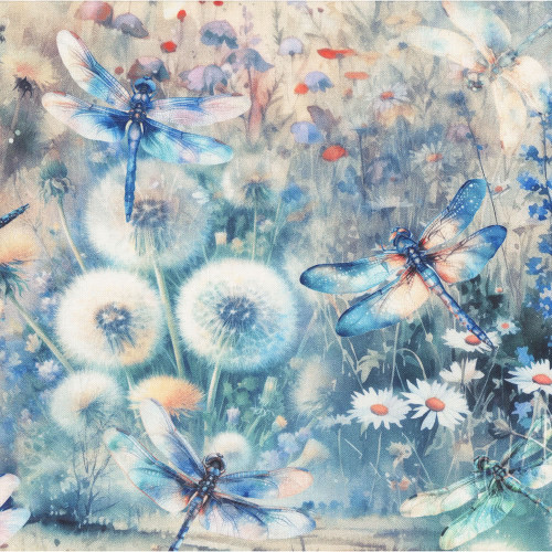 Hoffman Fabrics Wings over Wildflowers Dusty Blue Dragonflies Daisies Russian Sage Dandelion