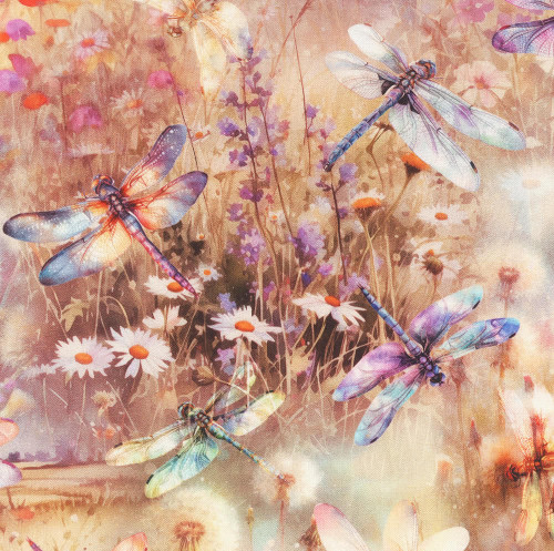 Hoffman Fabrics Wings over Wildflowers Autumn Brown Pink Dragonflies Daisies Russian Sage Dandelion