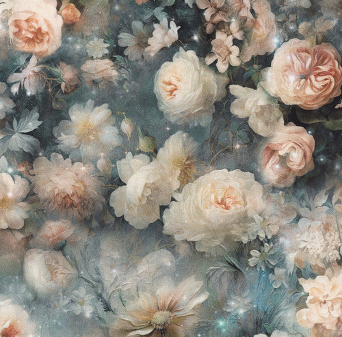 Hoffman Fabrics Wings over Wildflowers Dusty Teal Blue Sparkling Floweres Rose Peony