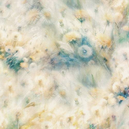 Hoffman Fabrics Wings over Wildflowers Lemon Grass Green Yellow Impressionist Dandelion Wildflowers