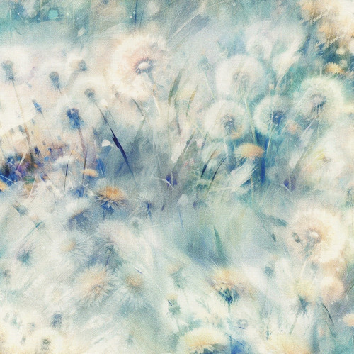 Hoffman Fabrics Wings over Wildflowers Breeze Blue Impressionist Dandelion Wildflowers
