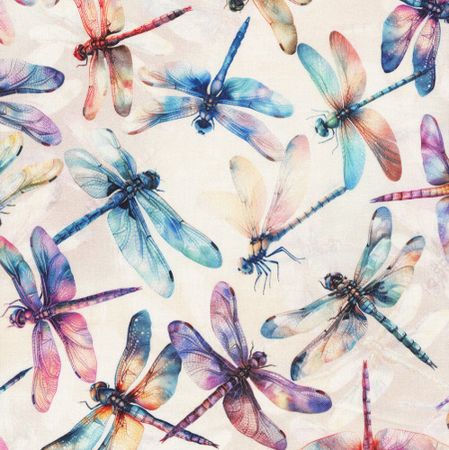 Hoffman Fabrics Wings over Wildflowers Natural Green Dragonflies Pink Blue Orange