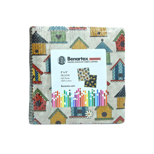 Benartex Fabrics Prairie Chicks Cheryl Haynes Prairie Chicks Charm Squares 5 Inch, fabric with colorful birdhouses and floral pattern.