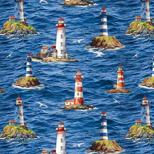 Timeless Treasures Ocean Life Lighthouse Scenic Blue Sea
