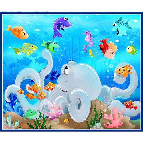 Clothworks Fabrics Suzy Bee Under the Sea Blue Playmat Fabric Panel 36