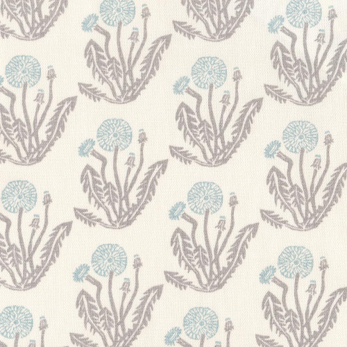 Waverly Fabrics Mineral Blue Grey Dandelion Block Print, fabric with a floral pattern of dandelions in blue and grey on a cream background.