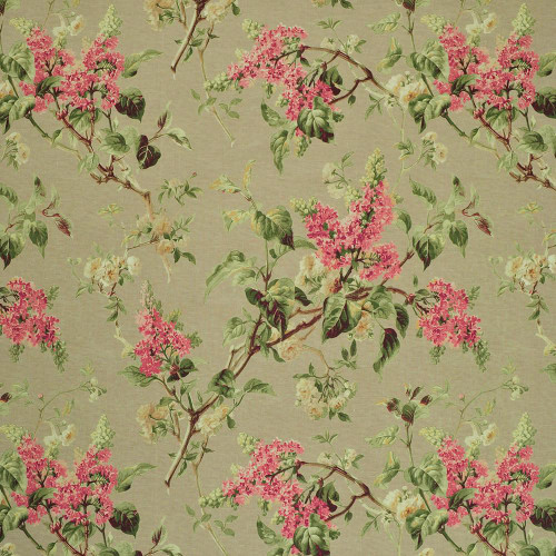 P Kaufmann Fabrics Noelle Document Wisteria Floral Brown Pink, floral patterned fabric with pink and white flowers and green leaves on a brown background.