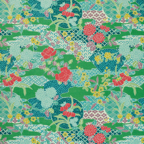 P Kaufmann Fabrics Sensu River Jade Green Red Blue Yellow Oriental Floral, vibrant fabric featuring a detailed floral and geometric pattern with orchids, chrysanthemums, and traditional motifs in jade green, red, blue, yellow, and purple colors.