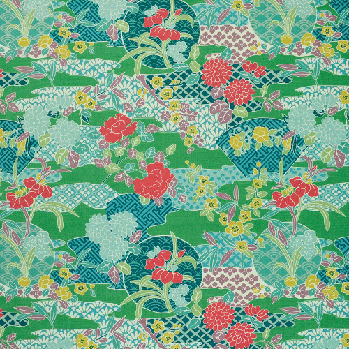 P Kaufmann Fabrics Sensu River Jade Green Red Blue Yellow Oriental Floral
