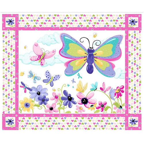 Clothworks Fabrics Suzybee Barnyard Blues 36 Inch Play Mat Panel White Pink
