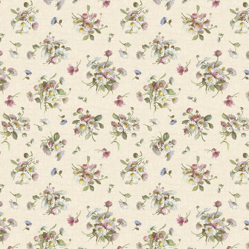 Product Marcus Fabrics Wild Flowers Smithsonian Institution Petite Floral Cream, detailed floral fabric pattern with pink, white, and purple flowers and green leaves on a cream background. Product Marcus Fabrics Wild Flowers Smithsonian Institution Petite Floral Cream, detailed floral fabric pattern with pink, white, and purple flowers and green leaves on a cream background.