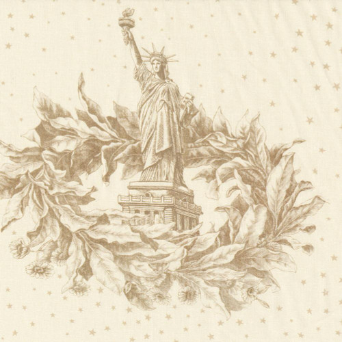 Marcus Fabrics Liberty Island Kellie Beckwith Lady Liberty 108 Inch Wide Quilt Back Cream, fabric featuring a detailed illustration of Lady Liberty surrounded by leaves and stars in a cream color palette.