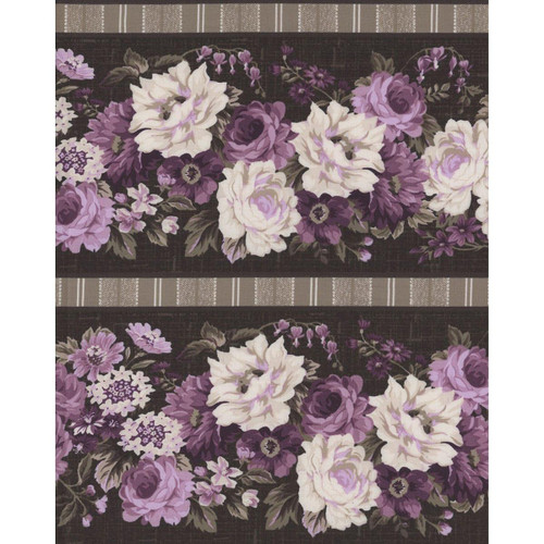 Wilmington Prints Fabrics Blackberry Bramble Kaye England Repeating Stripe Multi, close-up of a fabric with a floral pattern featuring purple and white flowers on a dark background with striped accents.