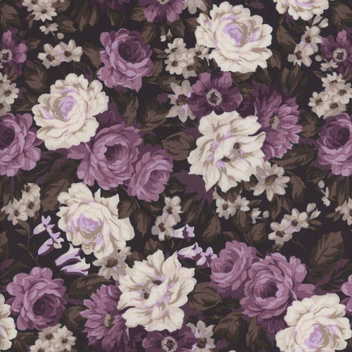 Wilmington Prints Fabrics Blackberry Bramble Kaye England Packed Floral Purple Multi, floral fabric pattern with white, lavender, and purple roses and smaller flowers on a dark background.