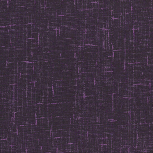 Wilmington Prints Fabrics Blackberry Bramble Kaye England Linen Texture Purple, image of a textured linen fabric in deep purple with lighter purple crosshatch lines creating a modern, abstract pattern.
