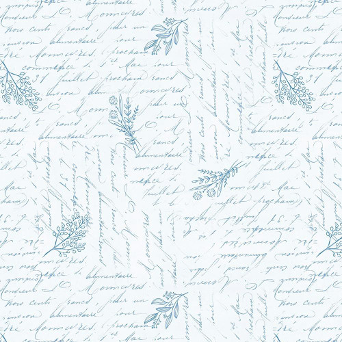 Wilmington Prints Fabrics Blissful Blues Jennifer Pugh Script Texture White, fabric with handwritten script and floral illustrations.