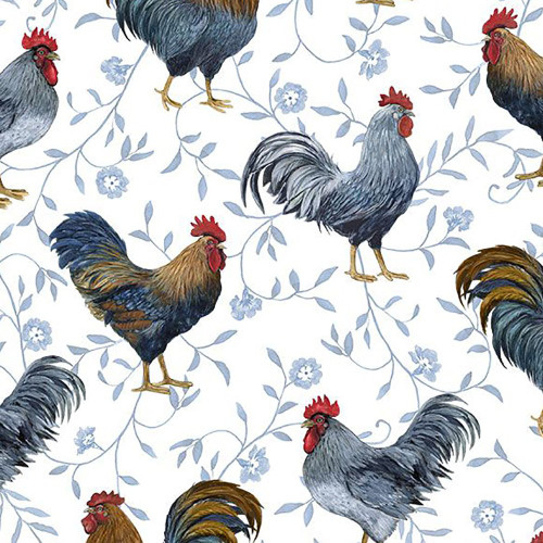 Wilmington Prints Fabrics Country Blue Susan Winget Large Roosters All Over White