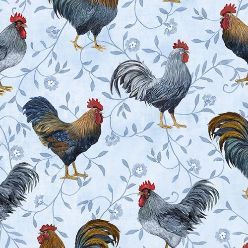 Wilmington Prints Fabrics Country Blue Susan Winget Large Roosters All Over Light Blue