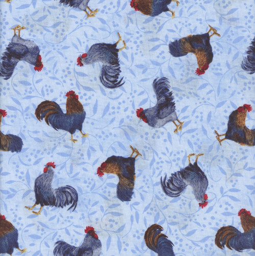 Wilmington Prints Fabrics Country Blue Susan Winget Rooster Toss Light Blue