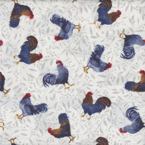 Wilmington Prints Fabrics Country Blue Susan Winget Rooster Toss Gray