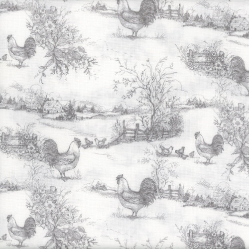 Wilmington Prints Fabrics Country Blue Susan Winget Rooster Toile White Gray
