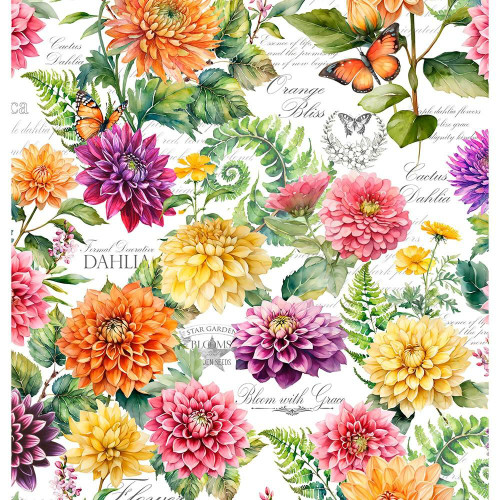 Wilmington Prints Fabrics Dahlia Botanica Nancy Mink Large Floral Multi, a vibrant floral fabric design featuring large dahlias, butterflies, fern leaves, and elegant script text on a white background for quilting, sewing, or craft projects.