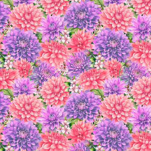 Wilmington Prints Fabrics Dahlia Botanica Nancy Mink Packed Floral Pink Purple, colorful floral fabric pattern with large pink and purple dahlias and small white and pink flowers.