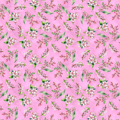 Wilmington Prints Fabrics Dahlia Botanica Nancy Mink Small Floral Purple, a colorful fabric with pink background and small white and pink floral patterns with green leaves.