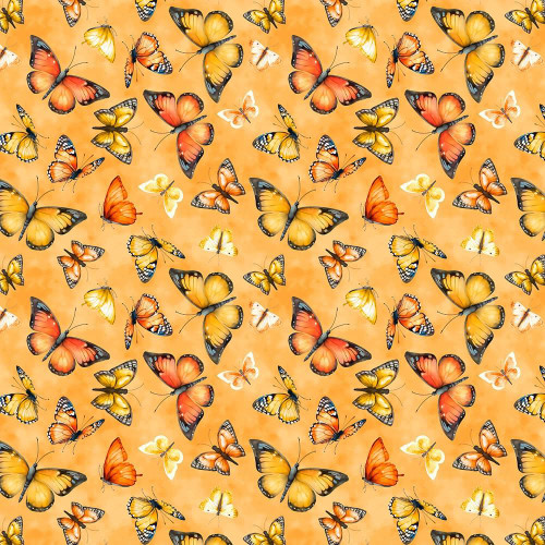 Wilmington Prints Fabrics Dahlia Botanica Nancy Mink Butterflies Orange, vibrant fabric with colorful butterflies on an orange background.