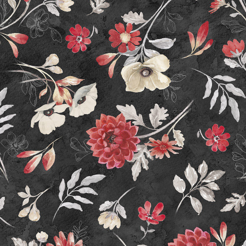 Wilmington Prints Fabrics Scarlet Dreams Beth Grove Large Floral Toss Black