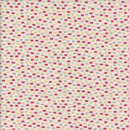 Wilmington Prints Fabrics Scarlet Dreams Beth Grove Swatches Cream, fabric swatch with a dotted pattern featuring pink, cream, yellow, and light gray colors.