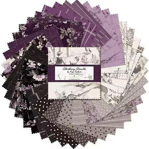 Wilmington Prints Fabrics Blackberry Bramble Kaye England Five Inch Charm Squares, a collection of fabric squares with various purple, black, and white floral and polka dot patterns arranged in a circular display.