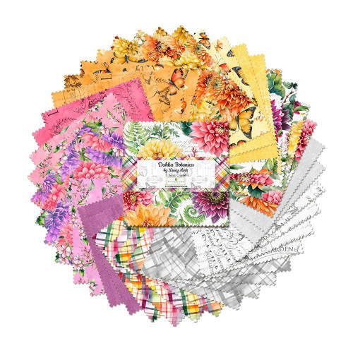 Wilmington Prints Fabrics Dahlia Botanica Nancy Mink Five Inch Charm Squares, colorful floral fabric swatches arranged in a circle.