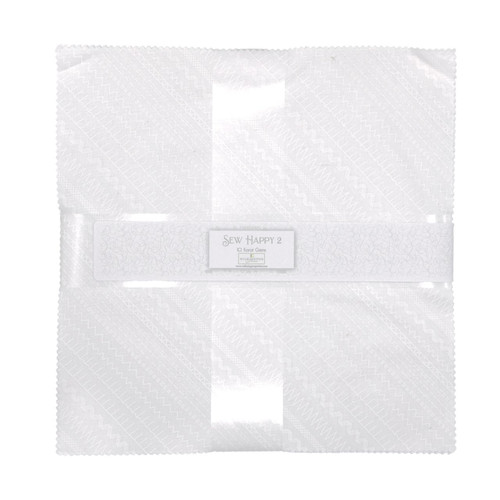 Wilmington Prints Fabrics Sew Happy 2 Layer Cake Ten Inch Squares, white fabric layer cake with various subtle white patterns and textures.